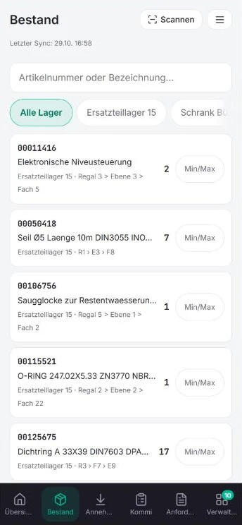 Lager-App Bestand mit Lagerplätzen