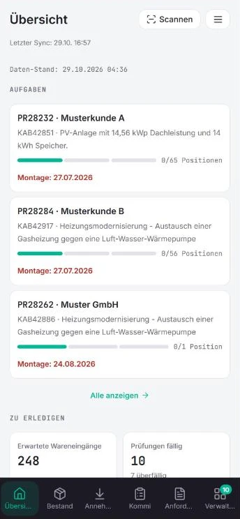 Lager-App Übersicht mit Aufgaben