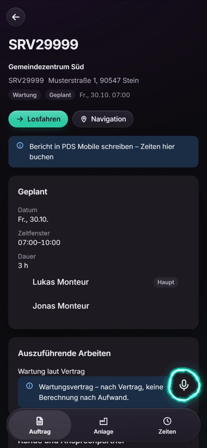 Serviceeinsatz mit Losfahren und Zeitbuchung