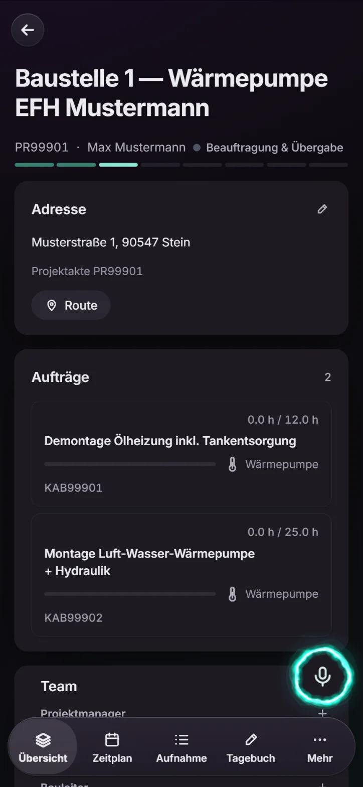 Projektakte mit Adresse und Aufträgen