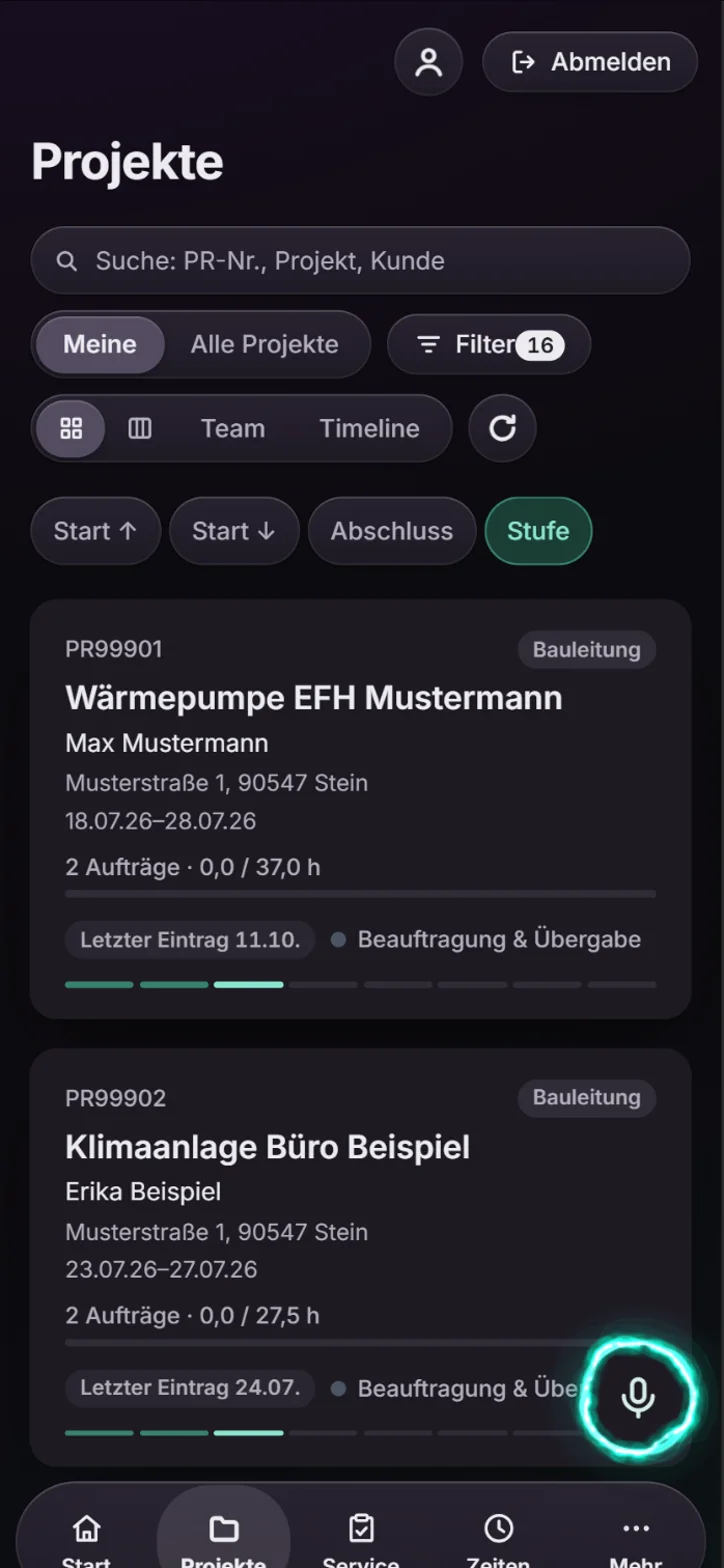 Projektliste der LEGER-App auf dem iPhone