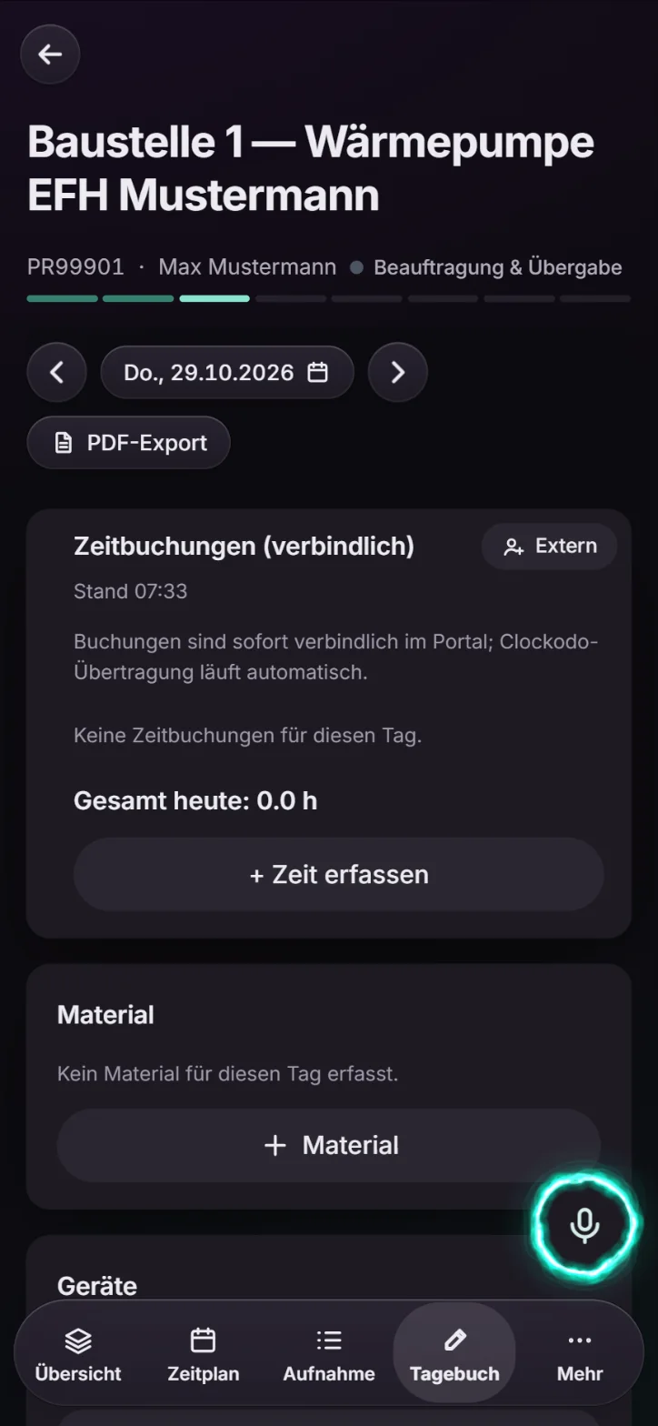 Bautagebuch mit verbindlicher Zeitbuchung